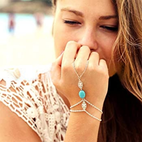 Olbye Turquoise Ring Bracelet Dainty Silver Flower Harness Bangle Chain 🐼🐼🐼 - Picture 2 of 5